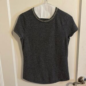 Gorgeous Elie Tahari Grey Bejeweled Neckline Short Dleeve Cashmere Sweater
